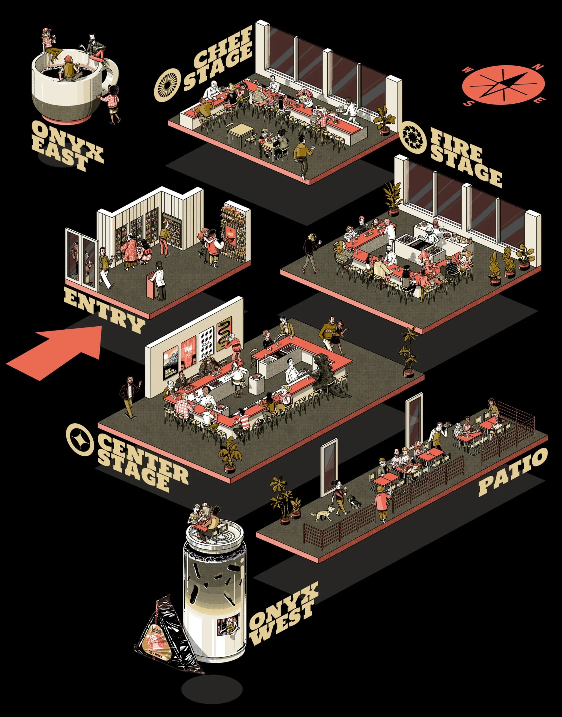 Illustrated isometric map of the Bentoville Food Theater interior