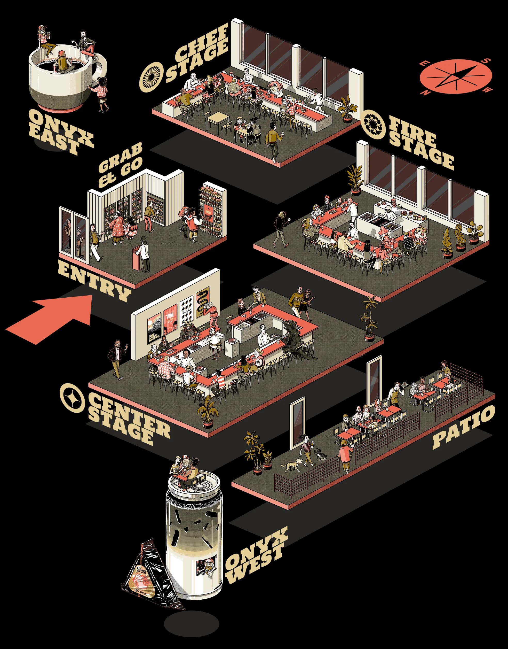 Illustrated isometric map of the Bentoville Food Theater interior